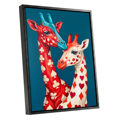 Giraffes in the Cards, blue, red, beige nature wall art shown as a black framed canvas wall art