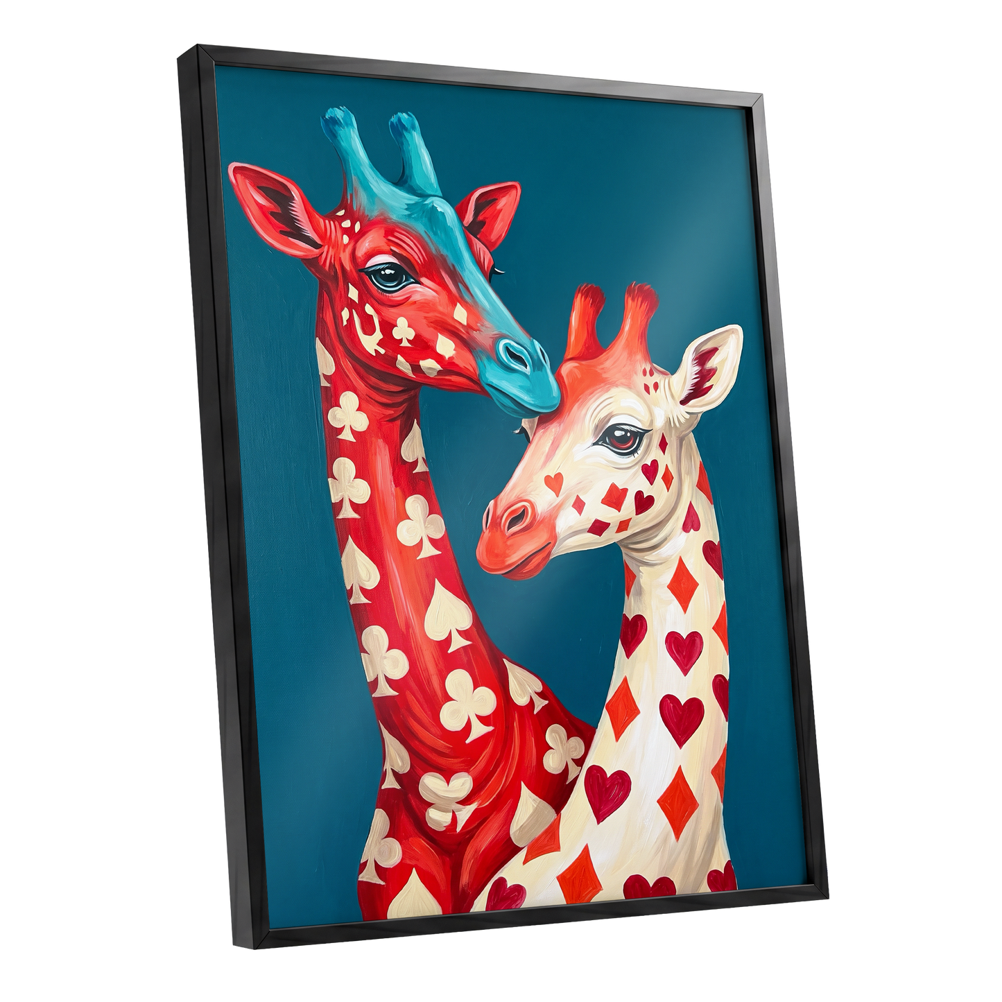 Giraffes in the Cards, blue, red, beige nature wall art shown as a black framed poster wall art print