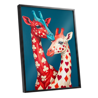 Giraffes in the Cards, blue, red, beige nature wall art shown as a black framed poster wall art print