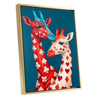 Giraffes in the Cards, blue, red, beige nature wall art shown as a gold framed canvas wall art