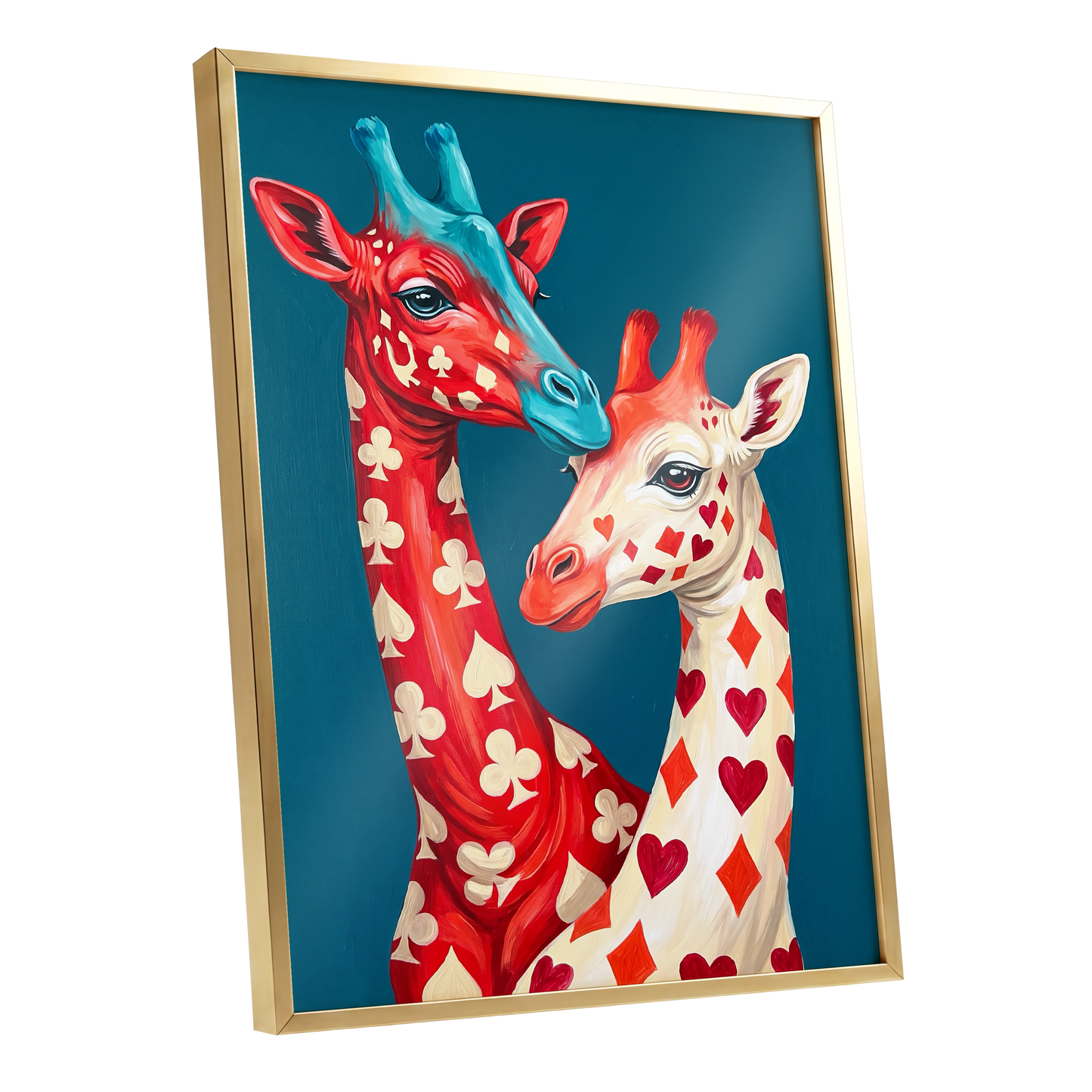 Giraffes in the Cards, blue, red, beige nature wall art shown as a gold framed poster wall art print