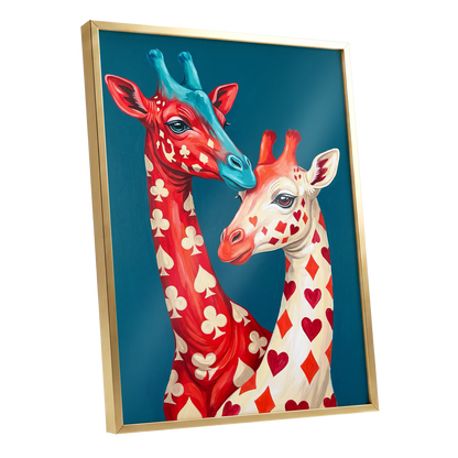 Giraffes in the Cards, blue, red, beige nature wall art shown as a gold framed poster wall art print
