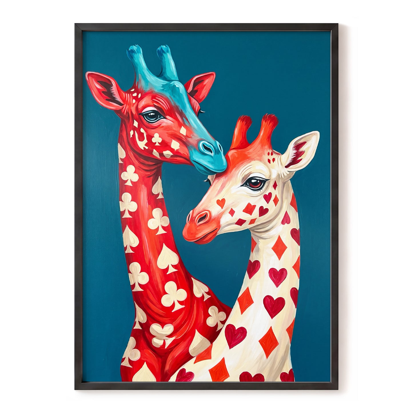 Giraffes in the Cards, blue, red, beige nature wall art, front artwork view