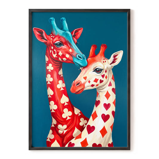 Giraffes in the Cards, blue, red, beige nature wall art, front artwork view