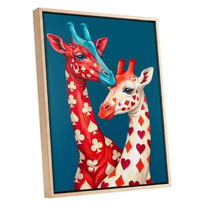 Giraffes in the Cards, blue, red, beige nature wall art shown as a oak framed canvas wall art