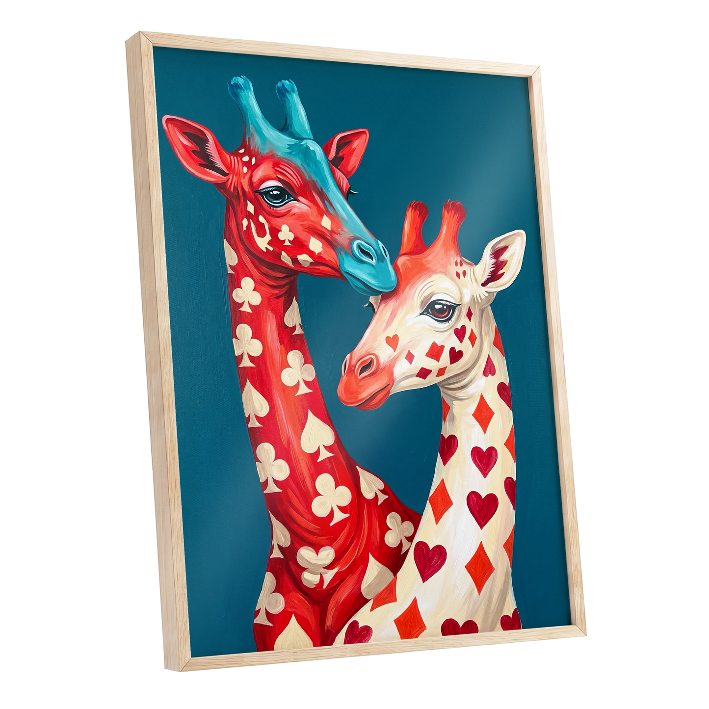 Giraffes in the Cards, blue, red, beige nature wall art shown as a oak framed poster wall art print