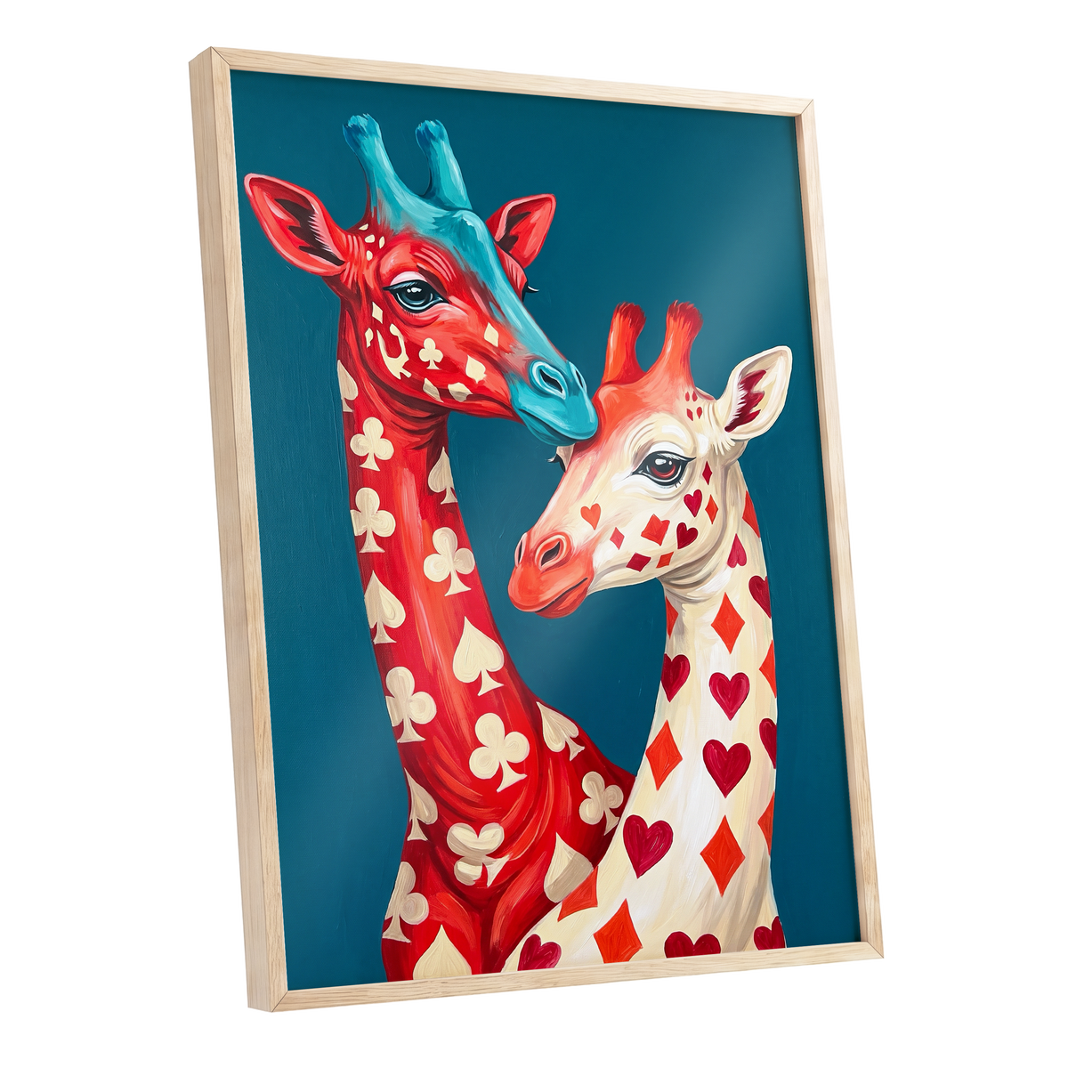 Giraffes in the Cards, blue, red, beige nature wall art shown as a oak framed poster wall art print