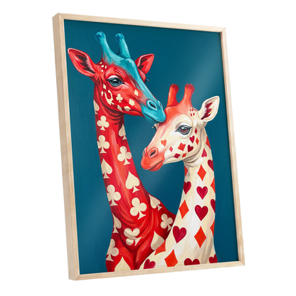 Giraffes in the Cards, blue, red, beige nature wall art shown as a oak framed poster wall art print