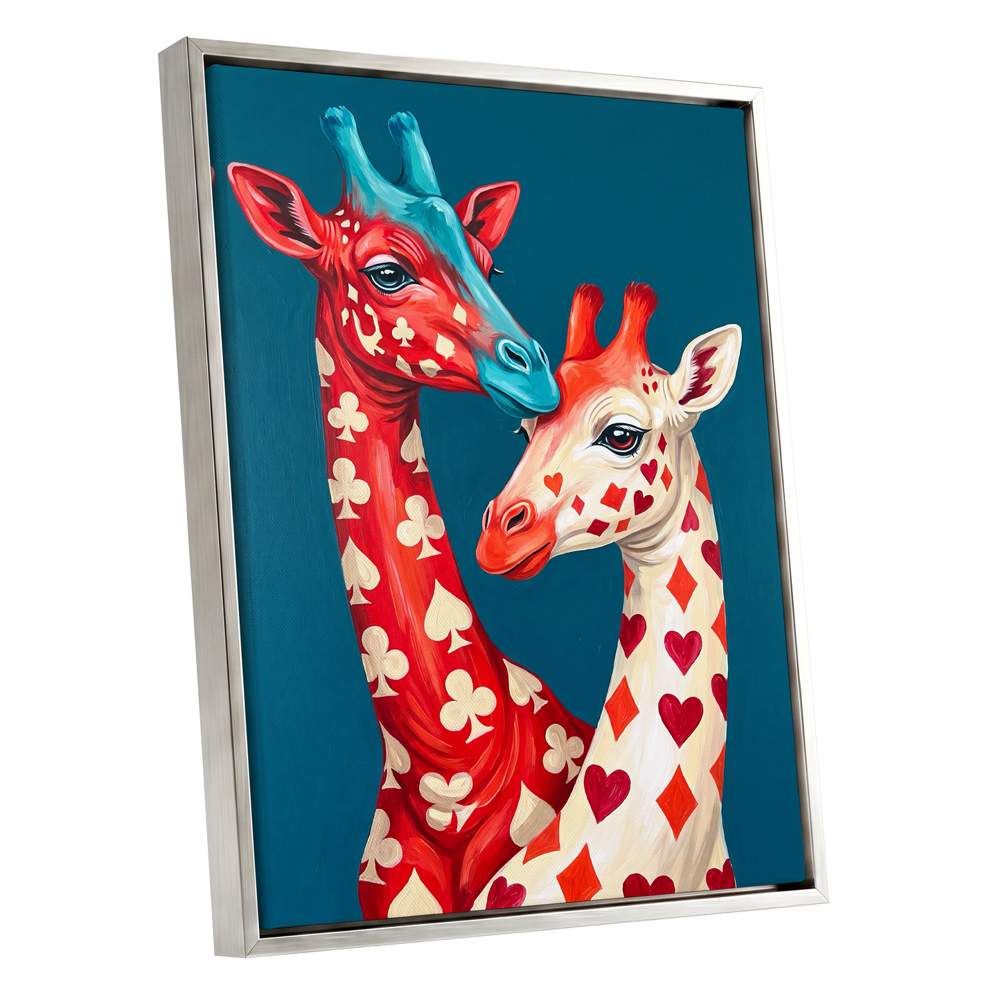 Giraffes in the Cards, blue, red, beige nature wall art shown as a silver framed canvas wall art