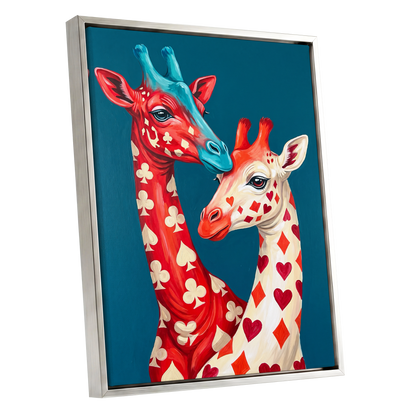 Giraffes in the Cards, blue, red, beige nature wall art shown as a silver framed canvas wall art