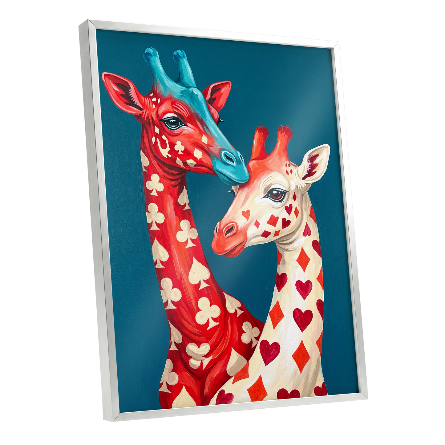 Giraffes in the Cards, blue, red, beige nature wall art shown as a silver framed poster wall art print