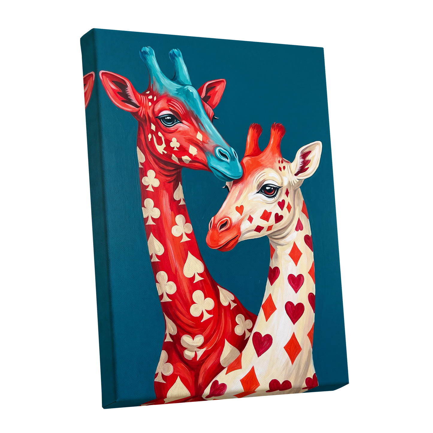 Giraffes in the Cards, blue, red, beige nature wall art shown as a stretched canvas wall art