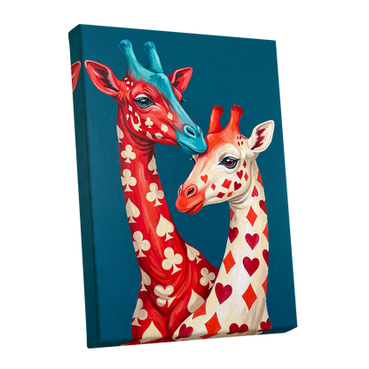 Giraffes in the Cards, blue, red, beige nature wall art shown as a stretched canvas wall art