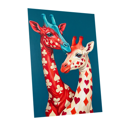 Giraffes in the Cards, blue, red, beige nature wall art shown as a unframed poster wall art print