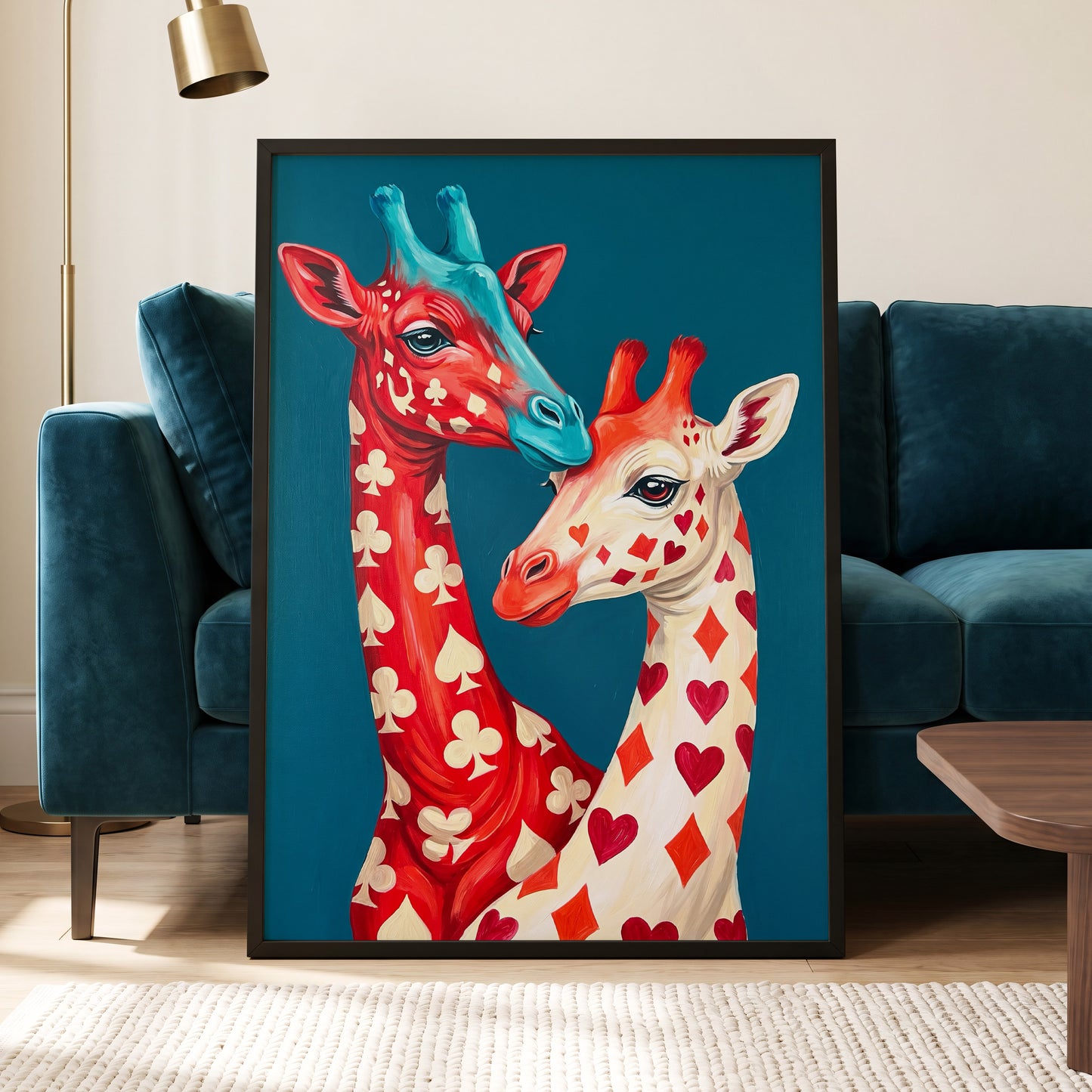 Giraffes in the Cards, blue, red, beige nature wall art displayed in a styled interior, gallery view 2