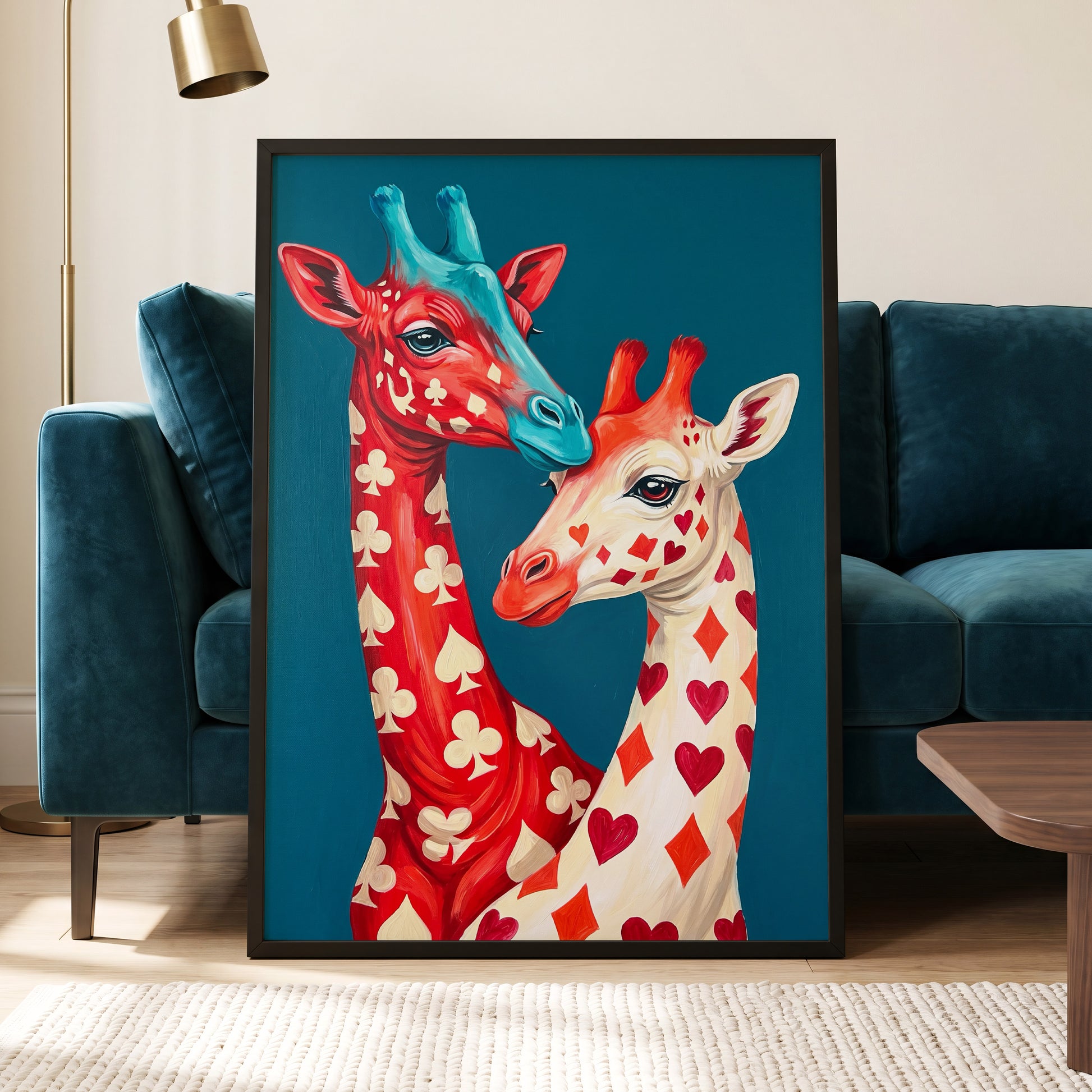 Giraffes in the Cards, blue, red, beige nature wall art displayed in a styled interior, gallery view 2