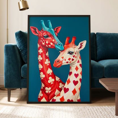 Giraffes in the Cards, blue, red, beige nature wall art displayed in a styled interior, gallery view 2