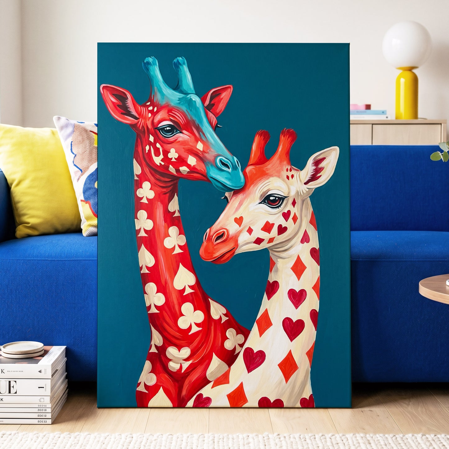 Giraffes in the Cards, blue, red, beige nature wall art displayed in a styled interior, gallery view 3