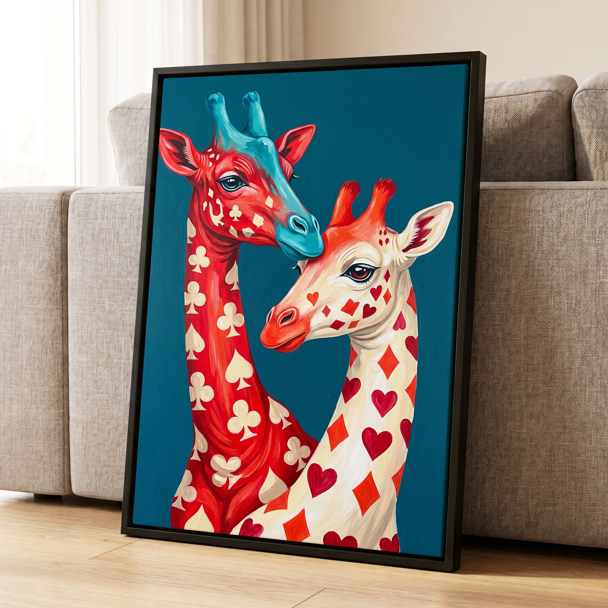 Giraffes in the Cards, blue, red, beige nature wall art displayed in a styled interior, gallery view 4