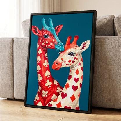 Giraffes in the Cards, blue, red, beige nature wall art displayed in a styled interior, gallery view 4