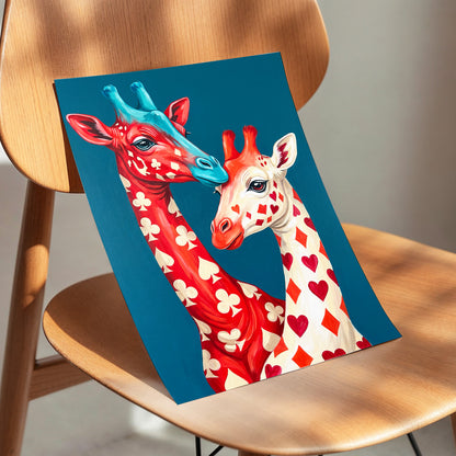 Giraffes in the Cards, blue, red, beige nature wall art displayed in a styled interior, gallery view 5