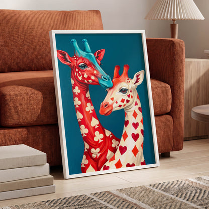 Giraffes in the Cards, blue, red, beige nature wall art displayed in a styled interior, gallery view 6