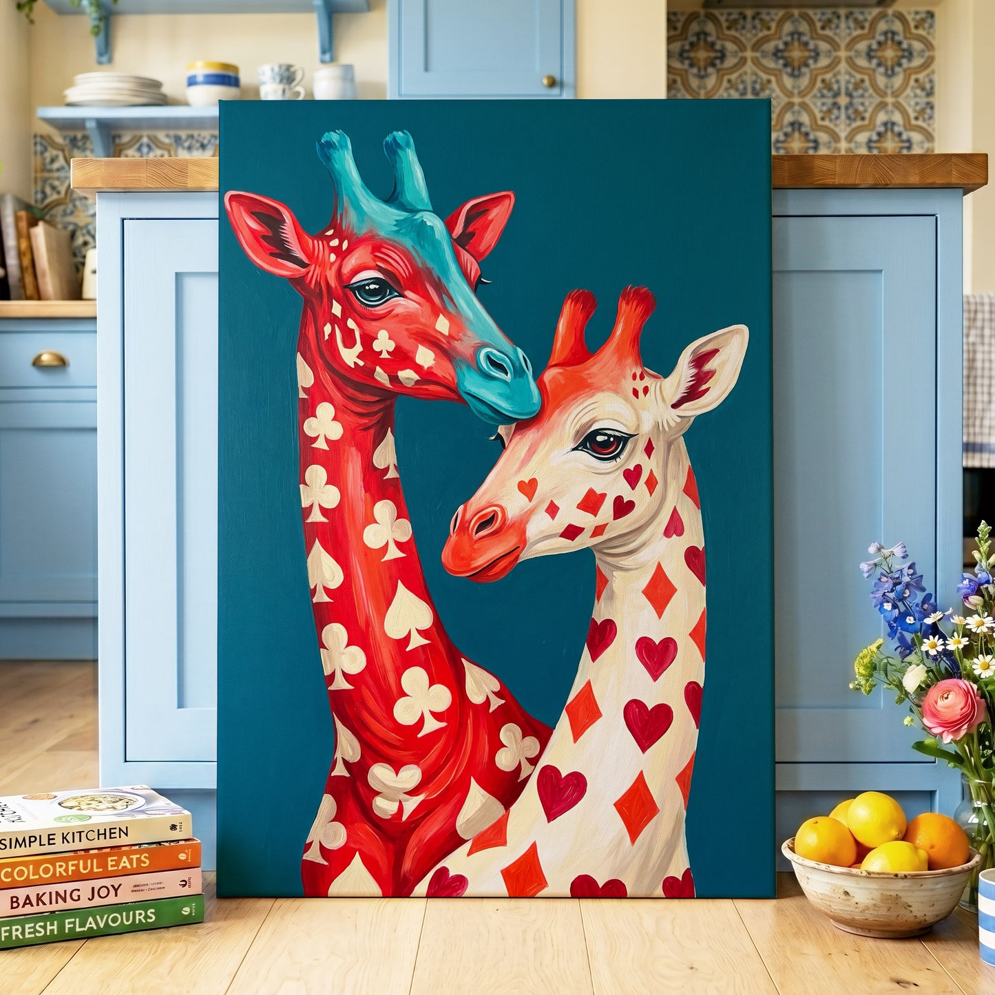 Giraffes in the Cards, blue, red, beige nature wall art displayed in a styled interior, gallery view 7