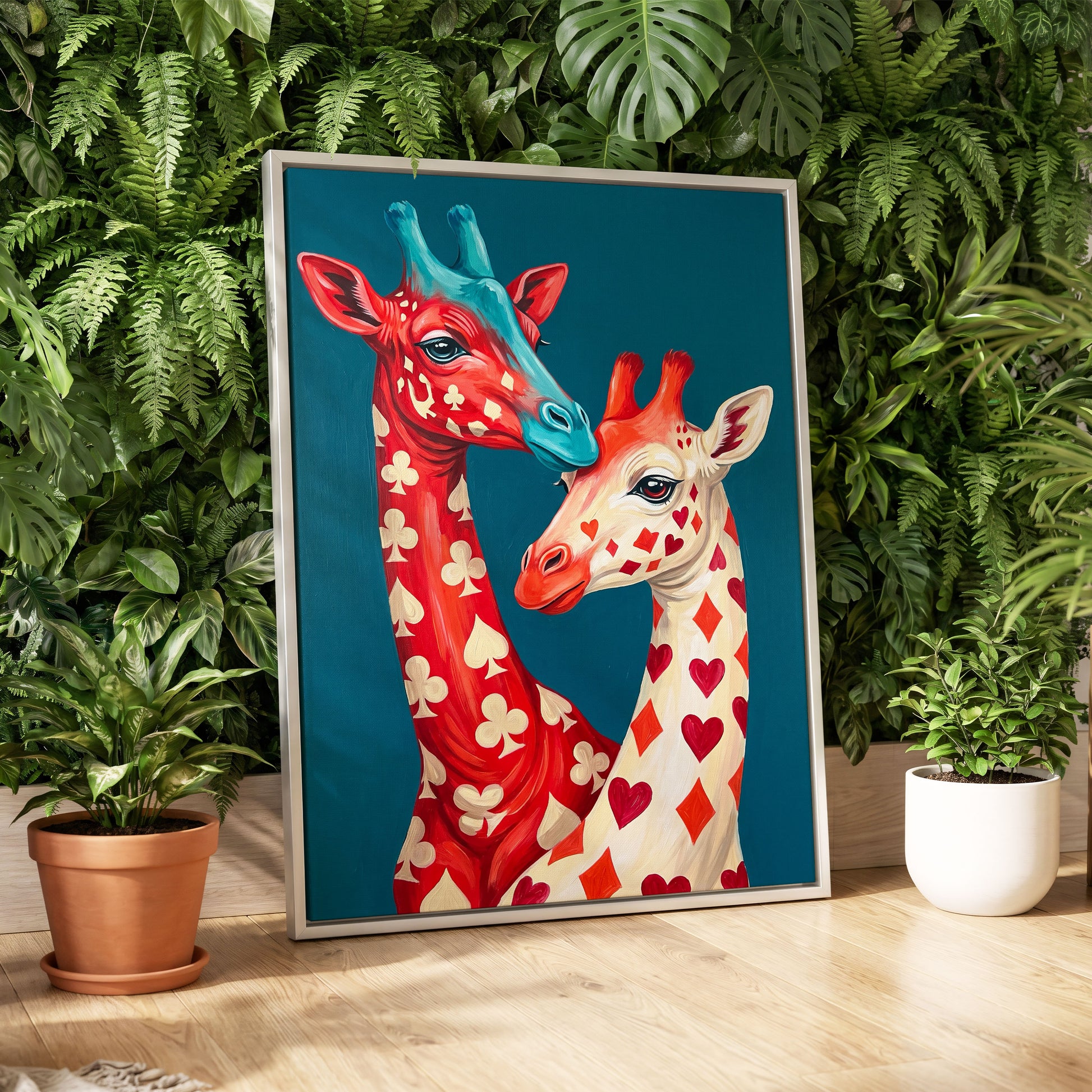 Giraffes in the Cards, blue, red, beige nature wall art displayed in a styled interior, gallery view 8