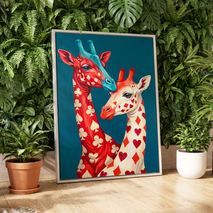 Giraffes in the Cards, blue, red, beige nature wall art displayed in a styled interior, gallery view 8