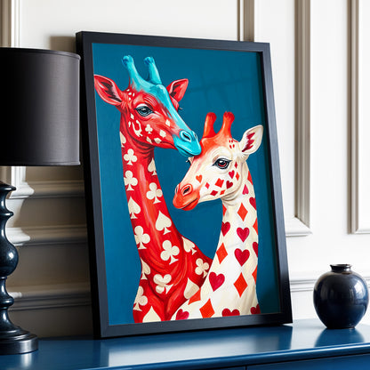 Giraffes in the Cards, blue, red, beige nature wall art displayed in a styled interior, gallery view 9