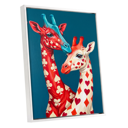 Giraffes in the Cards, blue, red, beige nature wall art shown as a white framed canvas wall art