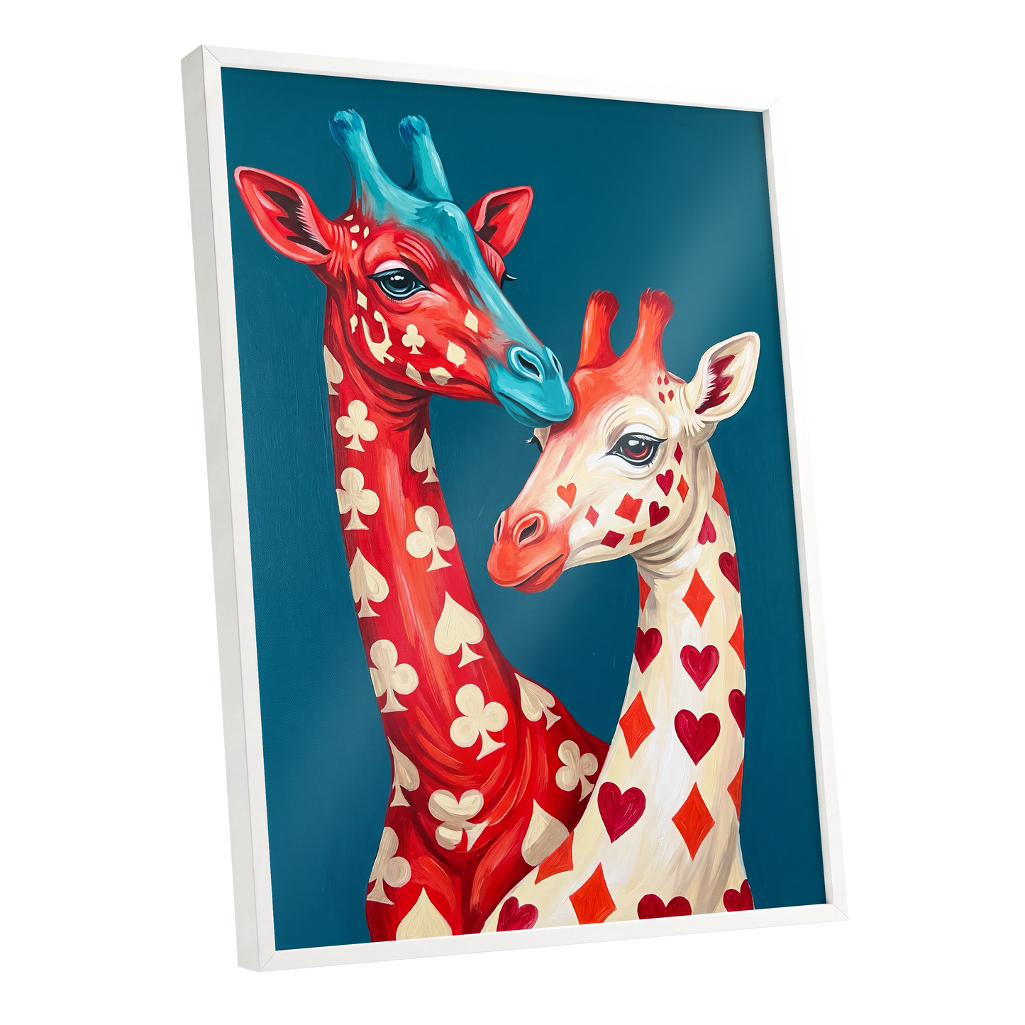 Giraffes in the Cards, blue, red, beige nature wall art shown as a white framed poster wall art print