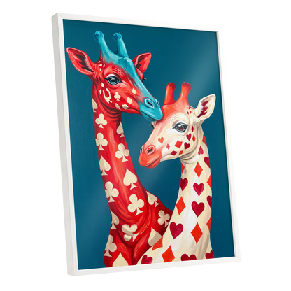 Giraffes in the Cards, blue, red, beige nature wall art shown as a white framed poster wall art print