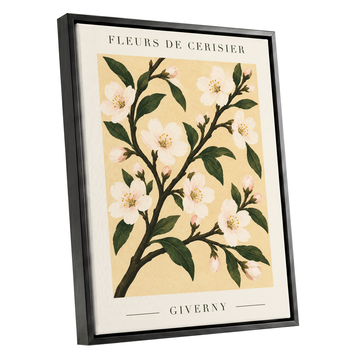 Giverny Blossom, beige, green, white floral wall art shown as a black framed canvas wall art
