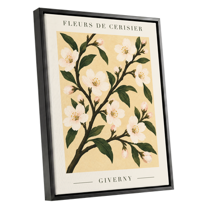 Giverny Blossom, beige, green, white floral wall art shown as a black framed canvas wall art