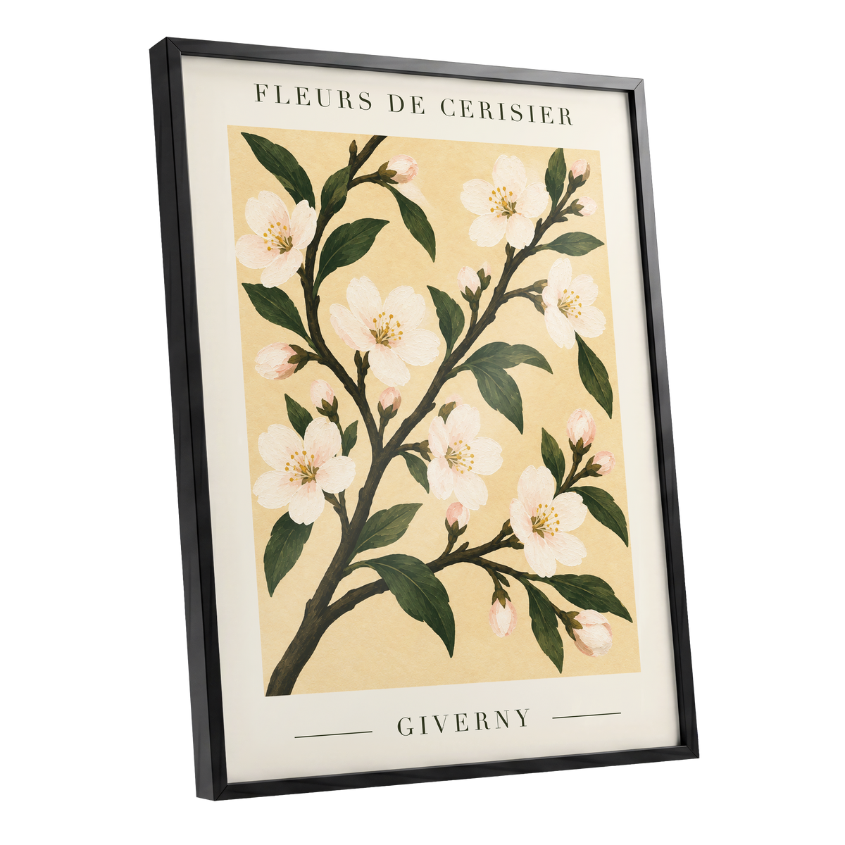 Giverny Blossom, beige, green, white floral wall art shown as a black framed poster wall art print