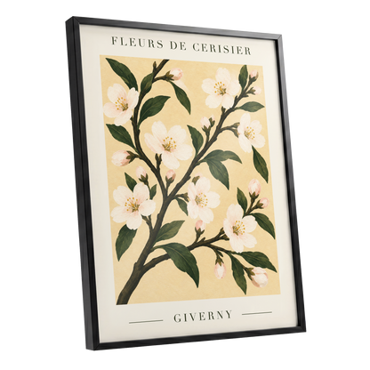 Giverny Blossom, beige, green, white floral wall art shown as a black framed poster wall art print