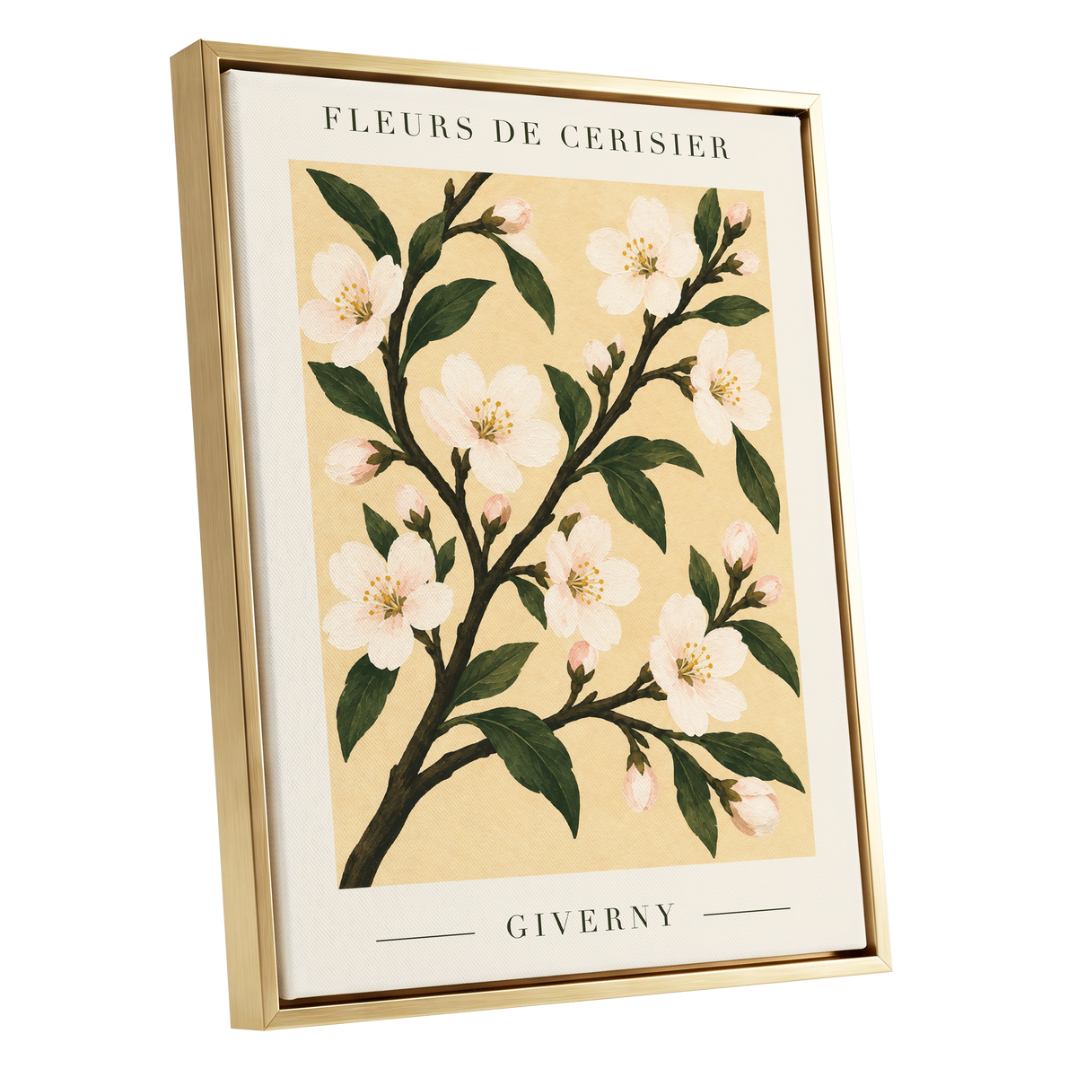 Giverny Blossom, beige, green, white floral wall art shown as a gold framed canvas wall art