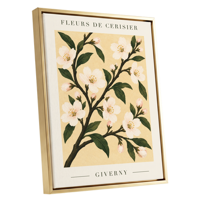 Giverny Blossom, beige, green, white floral wall art shown as a gold framed canvas wall art