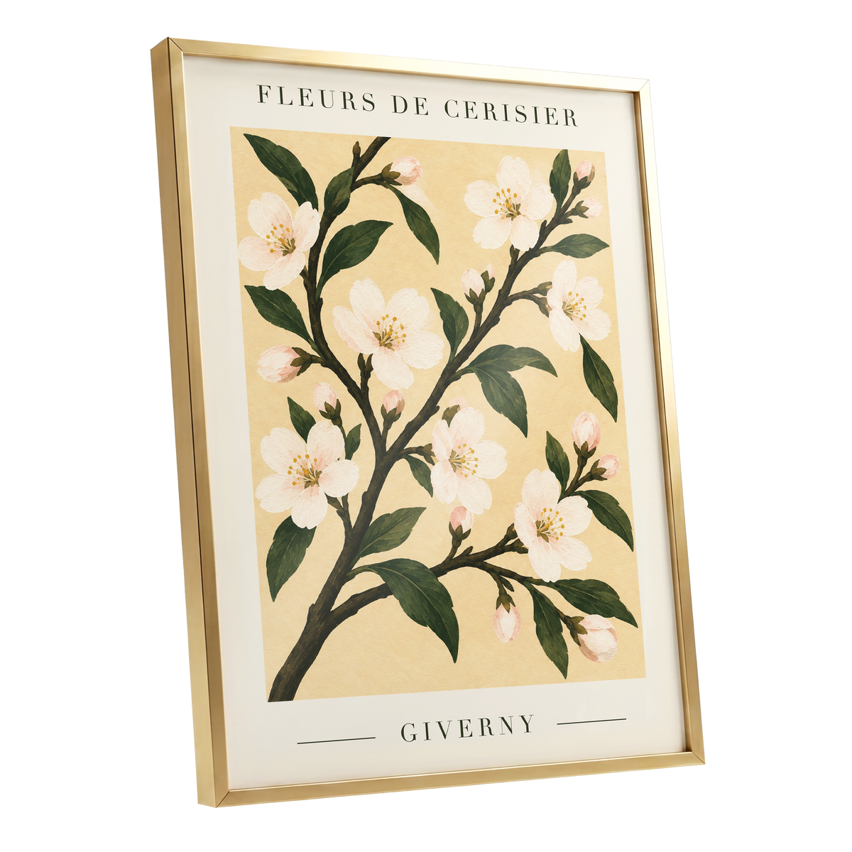 Giverny Blossom, beige, green, white floral wall art shown as a gold framed poster wall art print
