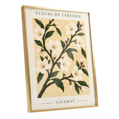 Giverny Blossom, beige, green, white floral wall art shown as a gold framed poster wall art print