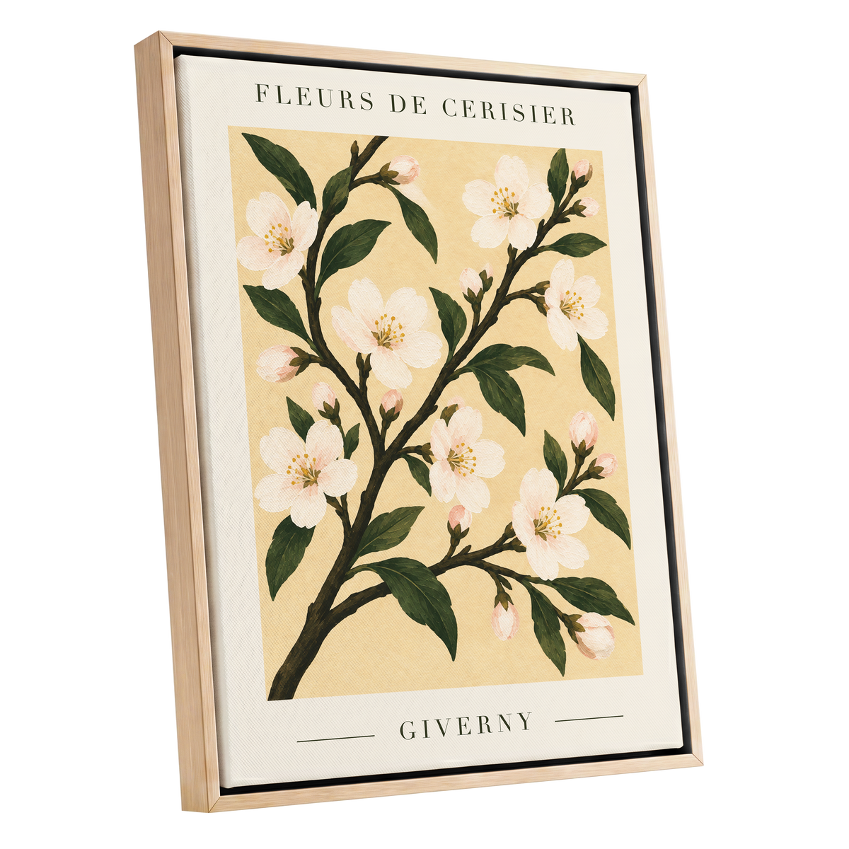 Giverny Blossom, beige, green, white floral wall art shown as a oak framed canvas wall art