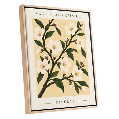 Giverny Blossom, beige, green, white floral wall art shown as a oak framed canvas wall art