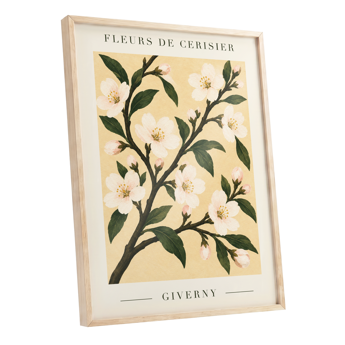 Giverny Blossom, beige, green, white floral wall art shown as a oak framed poster wall art print
