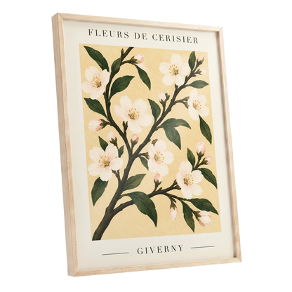 Giverny Blossom, beige, green, white floral wall art shown as a oak framed poster wall art print