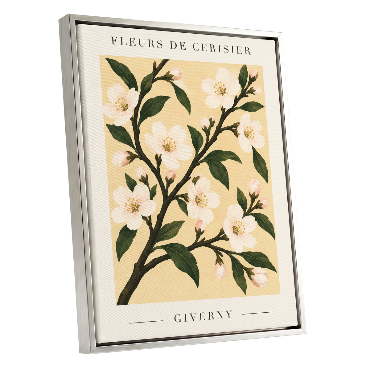 Giverny Blossom, beige, green, white floral wall art shown as a silver framed canvas wall art