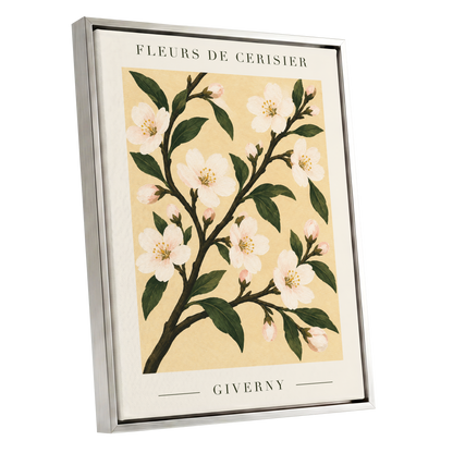 Giverny Blossom, beige, green, white floral wall art shown as a silver framed canvas wall art