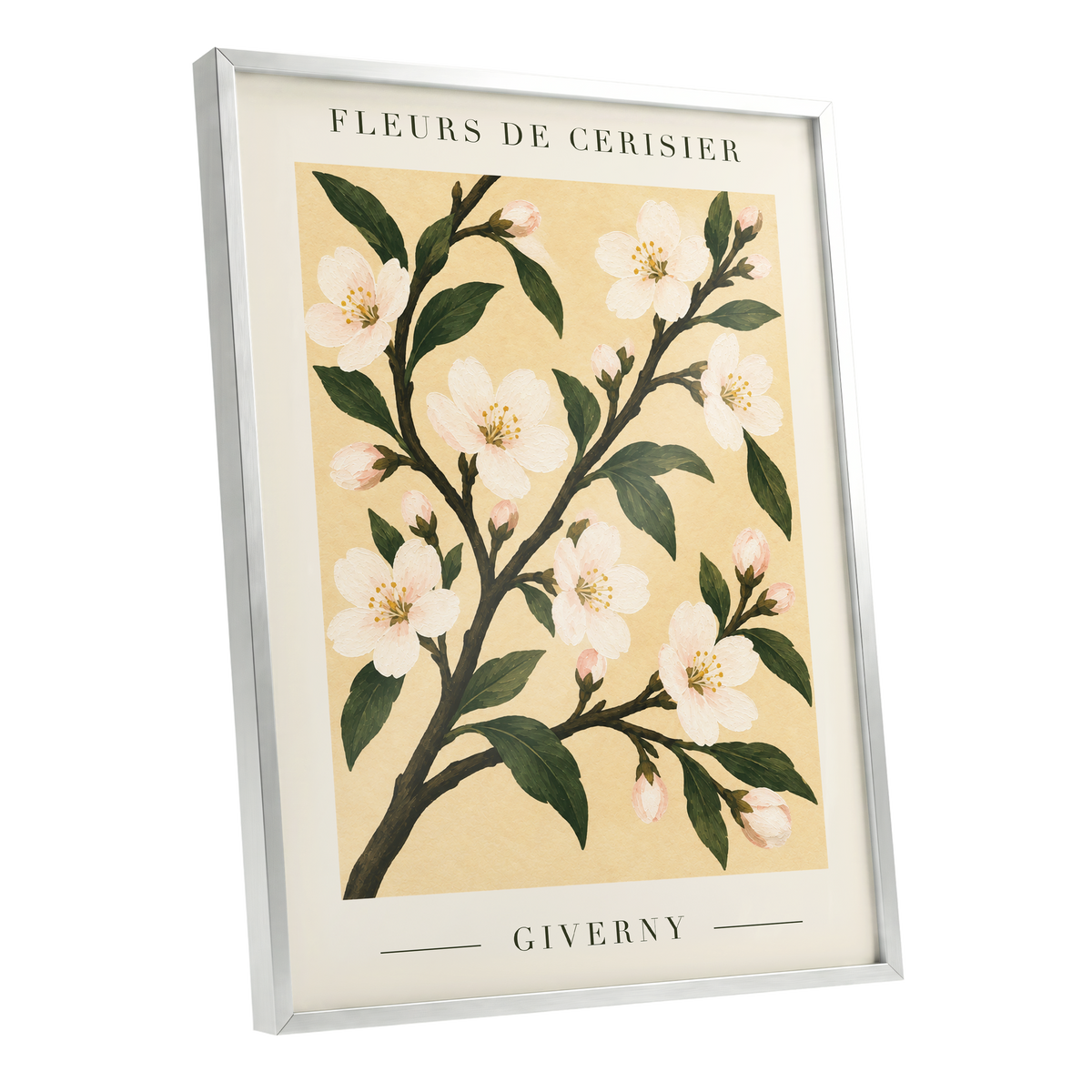 Giverny Blossom, beige, green, white floral wall art shown as a silver framed poster wall art print