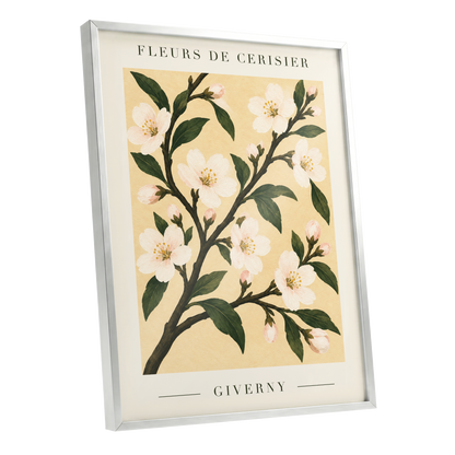 Giverny Blossom, beige, green, white floral wall art shown as a silver framed poster wall art print
