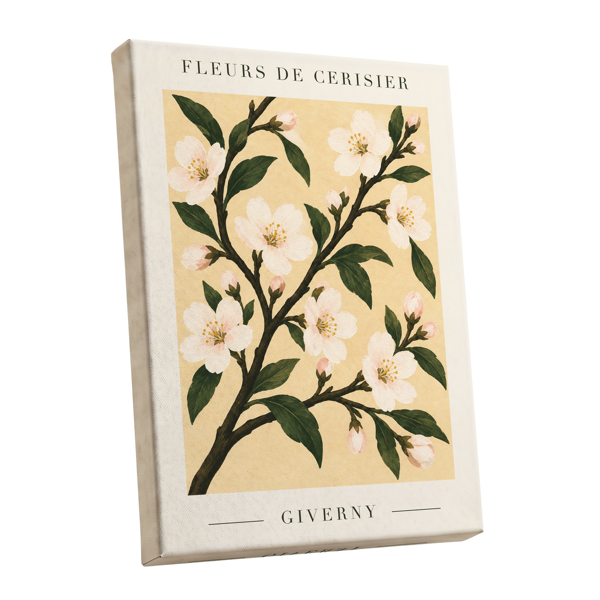 Giverny Blossom, beige, green, white floral wall art shown as a stretched canvas wall art